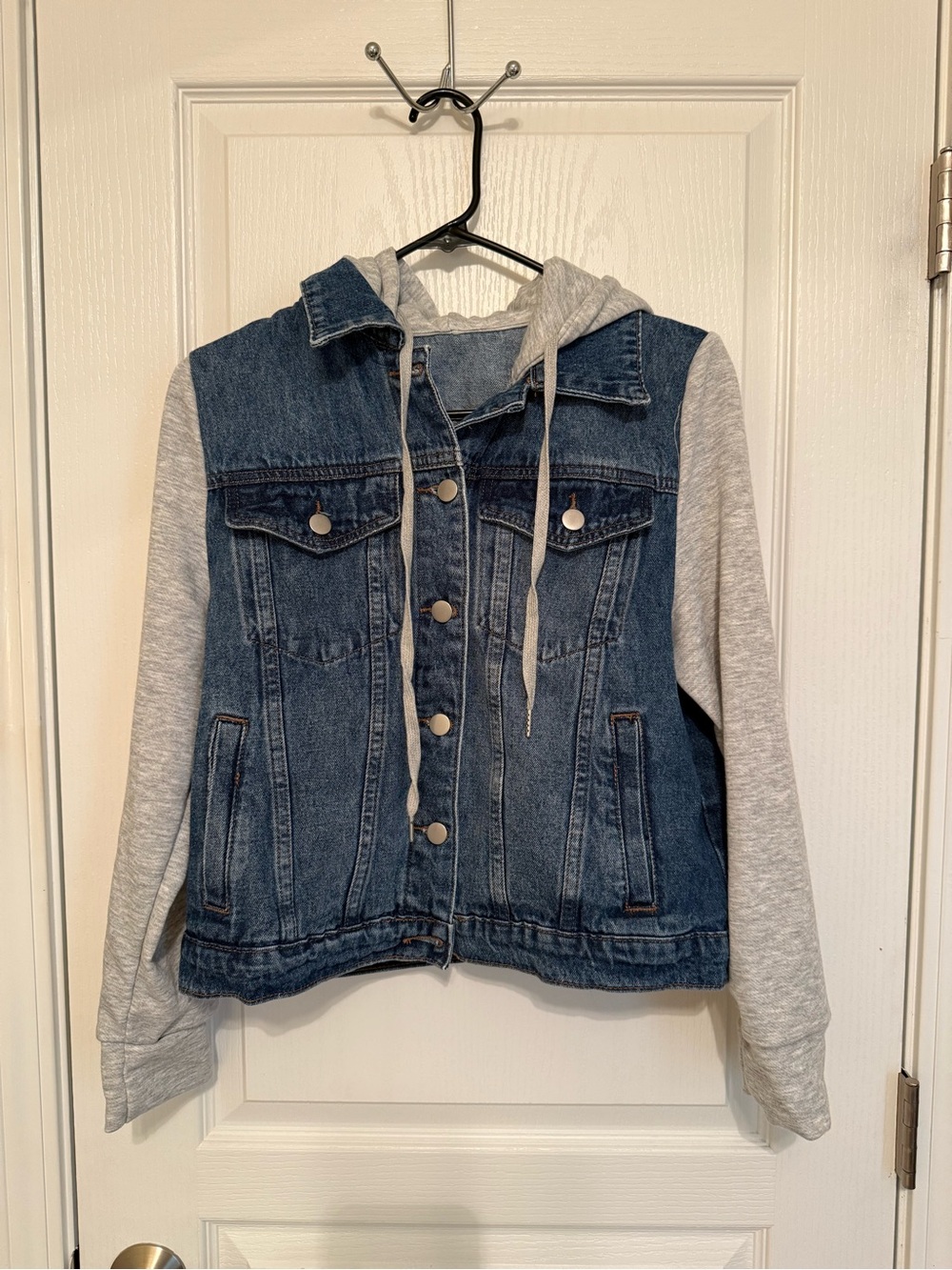 Denim Jacket with Gray Hoodie Sleeves - Women's Casual Layered Jacket